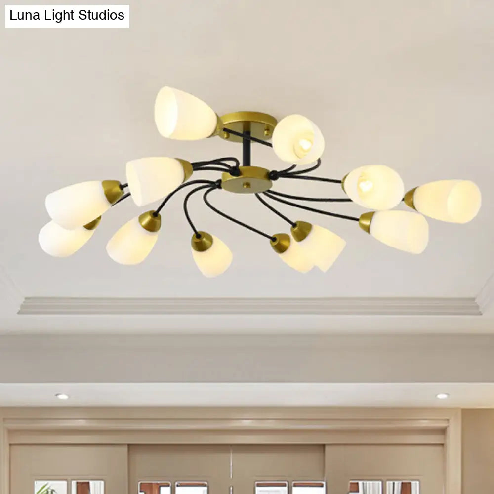 Iron Black/Gold Ceiling Spiral Semi Flush Mount Light With Tapered White Glass Shade - 9/12-Head