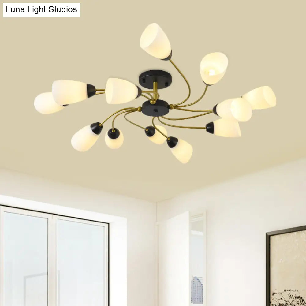 Iron Black/Gold Ceiling Spiral Semi Flush Mount Light With Tapered White Glass Shade - 9/12-Head