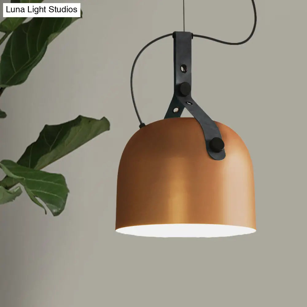 Iron Bowled Pendant Lamp: 1-Bulb Ceiling Light In Black/Copper/Silver With Leather Strap