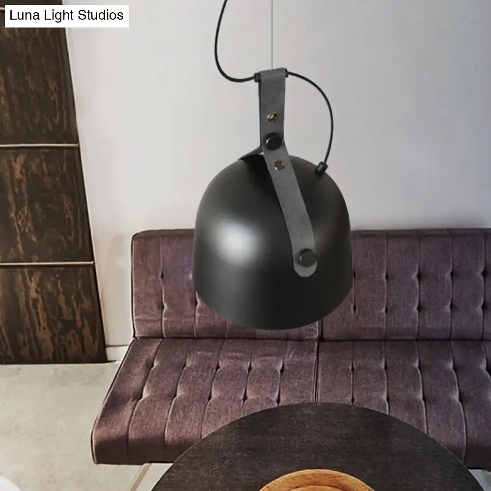 Iron Bowled Pendant Lamp: Warehouse Style Ceiling Light For Living Room With Leather Strap -