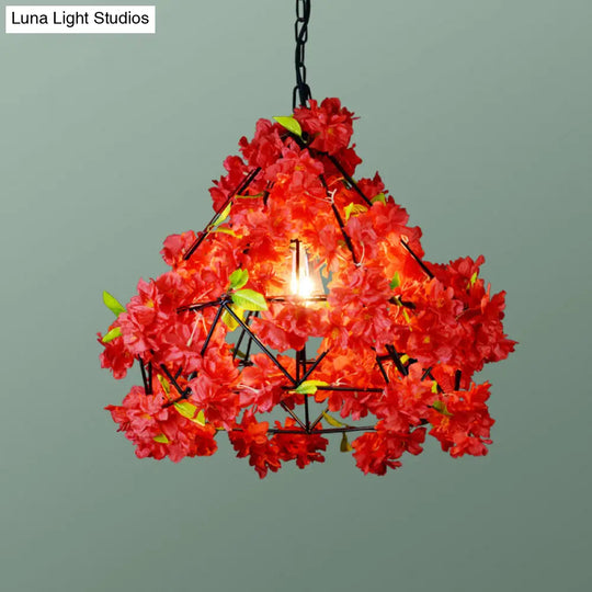 Diamond Cage Hanging Light Kit With Single Bulb Industrial Iron Ceiling Pendant And Decorative Plant