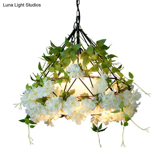 Diamond Cage Hanging Light Kit With Single Bulb Industrial Iron Ceiling Pendant And Decorative Plant