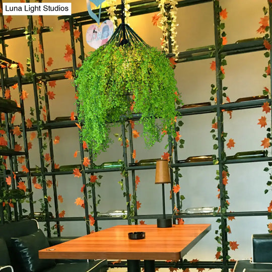 Diamond Cage Hanging Light Kit With Single Bulb Industrial Iron Ceiling Pendant And Decorative Plant