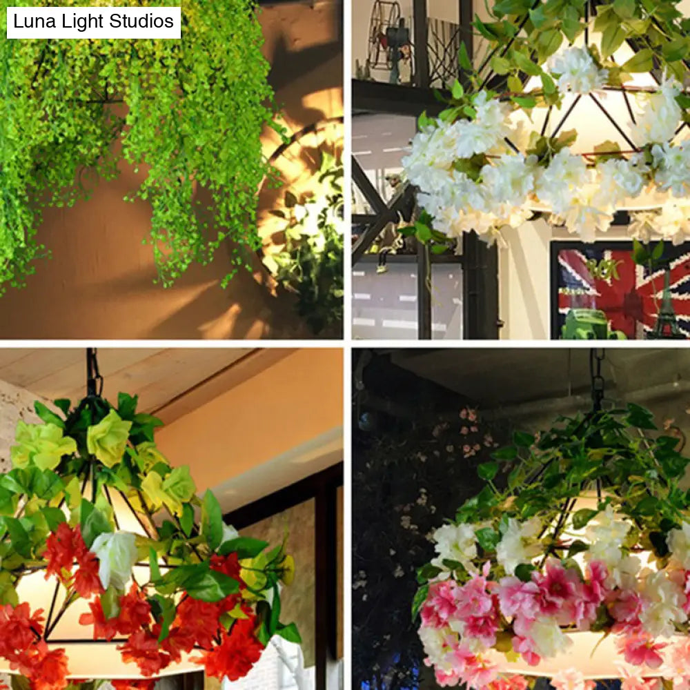 Iron Cage Hanging Pendant Light With Diamond Bulb And Decorative Plant