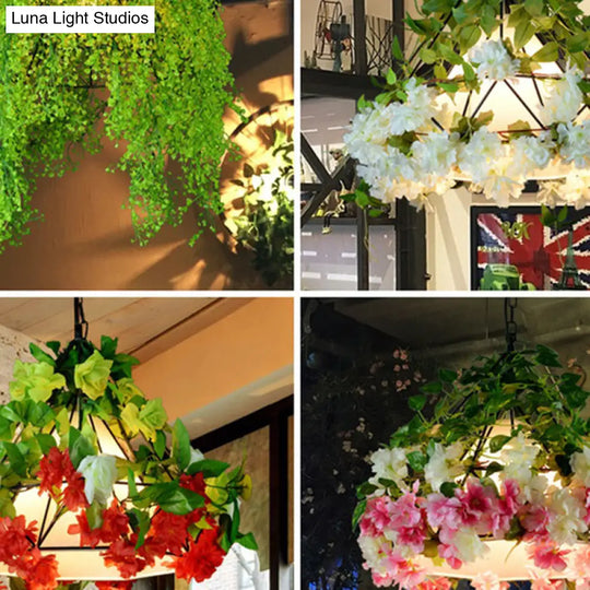 Iron Cage Hanging Pendant Light With Diamond Bulb And Decorative Plant