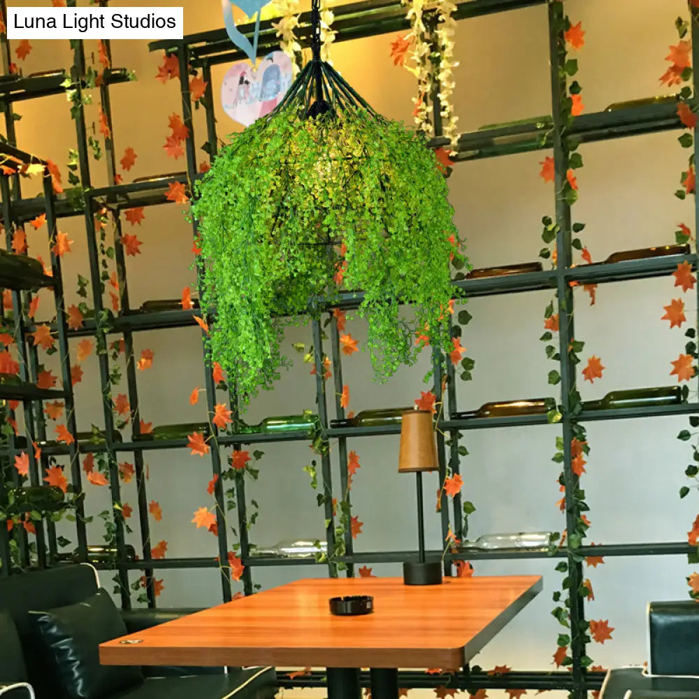 Iron Cage Hanging Pendant Light With Diamond Bulb And Decorative Plant