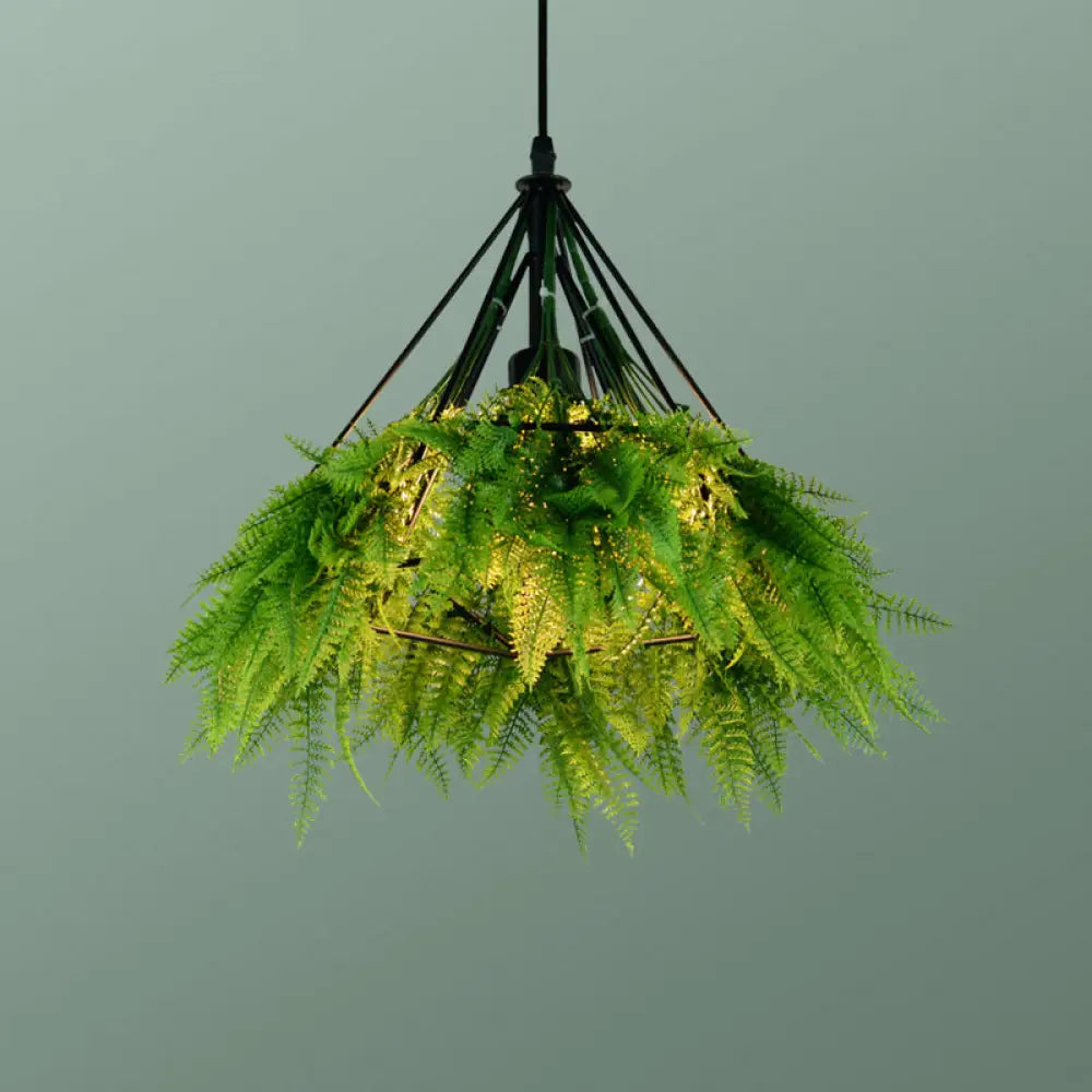 Iron Cage Hanging Pendant Light With Diamond Bulb And Decorative Plant Green