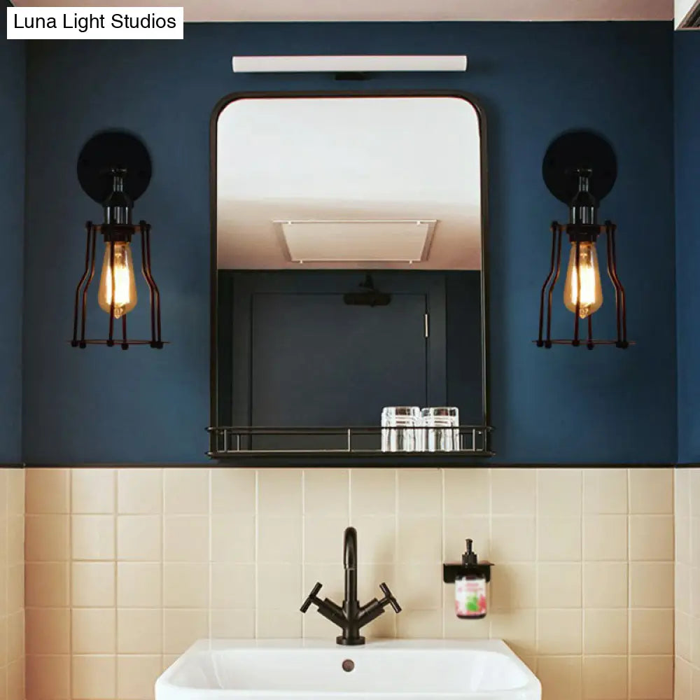 Iron Caged Wall Light Retro Style 1 Head Lighting In Black For Living Room