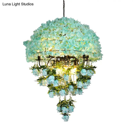 Iron Ceiling Chandelier - Industrial Blue Bowl Wire Cage Crystal Decor Floral Suspension Light 10