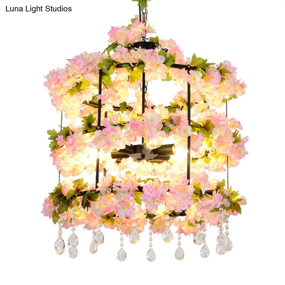 Antique Black Iron Chandelier With 6 Bulbs & Crystal Drops 27.5/39 H