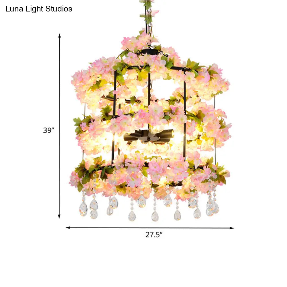 Iron Chandelier With Antique Black Finish Cylindrical Cage Design Crystal Drops And 6 Bulbs -