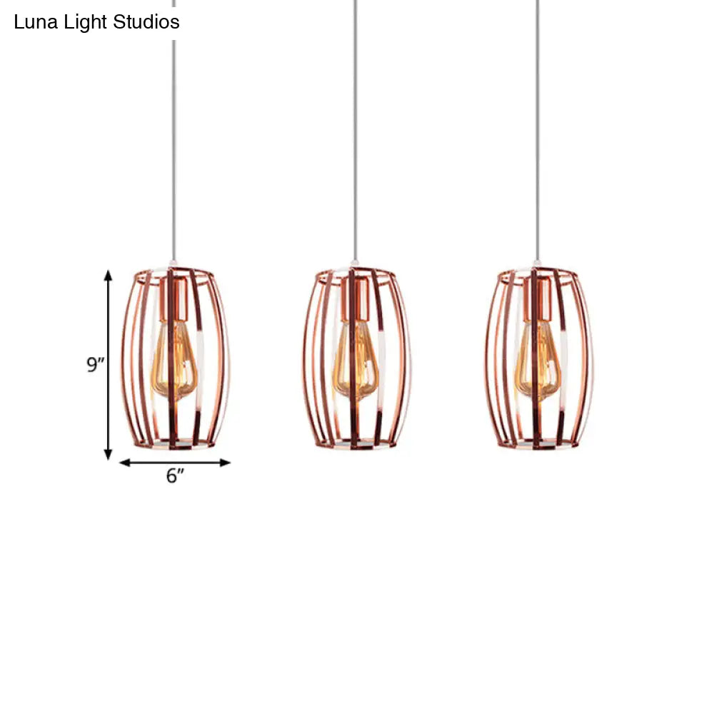 Iron Copper Hanging Lamp With Oval Cage Shade - Industrial Style Ceiling Fixture 3 Bulbs For Bedroom