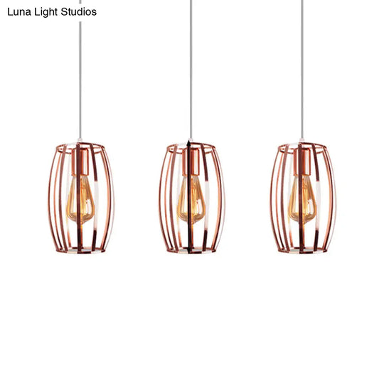 Iron Copper Hanging Lamp With Oval Cage Shade - Industrial Style Ceiling Fixture 3 Bulbs For Bedroom
