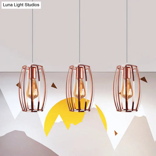 Iron Copper Hanging Lamp With Oval Cage Shade - Industrial Style Ceiling Fixture 3 Bulbs For Bedroom