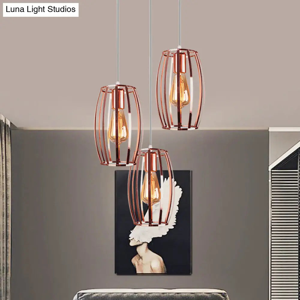 Iron Copper Hanging Lamp With Oval Cage Shade - Industrial Style Ceiling Fixture 3 Bulbs For Bedroom