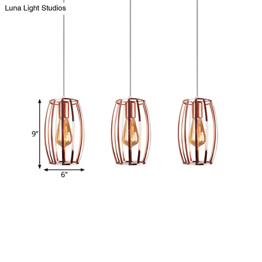 Iron Copper Hanging Lamp With Oval Cage Shade - Industrial Ceiling Fixture 3 Bulbs Stylish Lighting