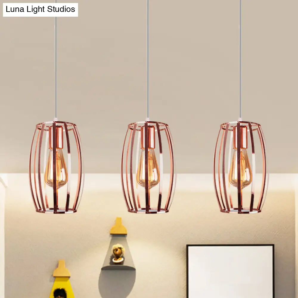 Iron Copper Hanging Lamp With Oval Cage Shade - Industrial Style Ceiling Fixture 3 Bulbs For Bedroom
