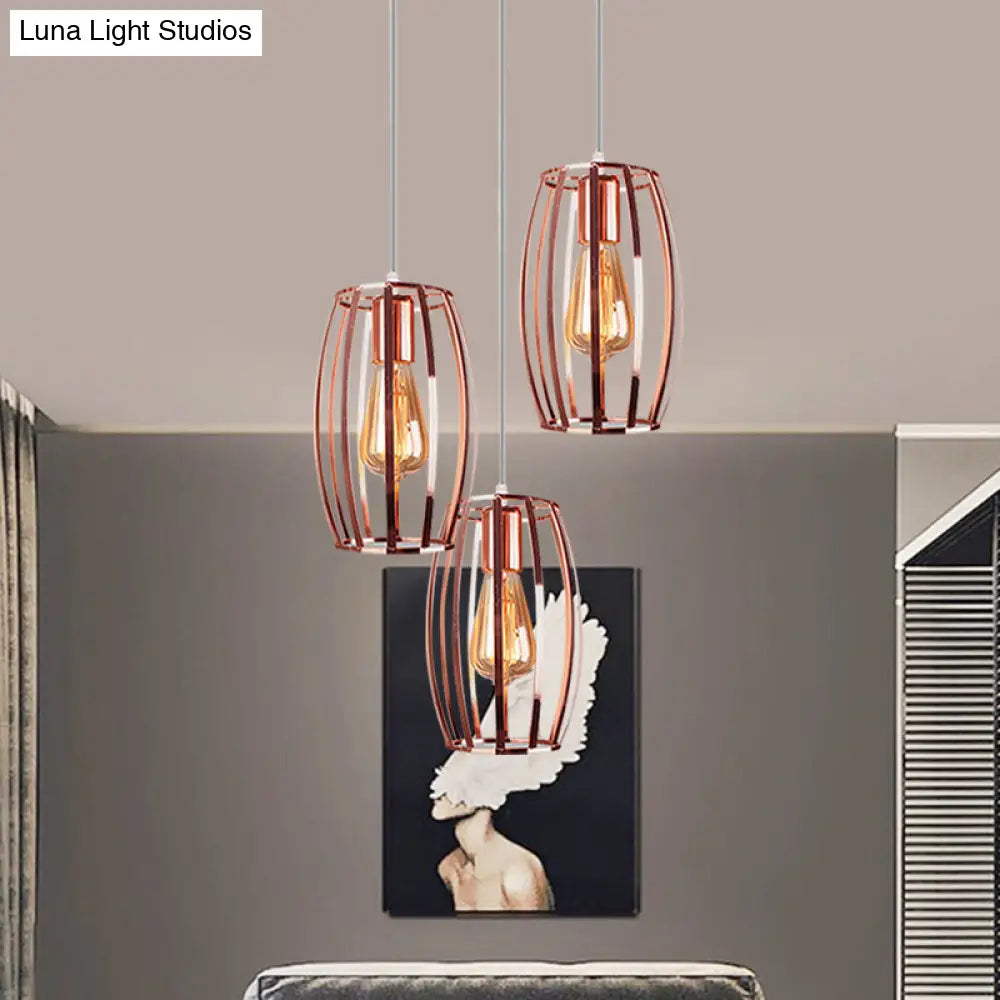 Iron Copper Hanging Lamp With Oval Cage Shade - Industrial Ceiling Fixture 3 Bulbs Stylish Lighting