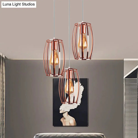 Iron Copper Hanging Lamp With Oval Cage Shade - Industrial Ceiling Fixture 3 Bulbs Stylish Lighting