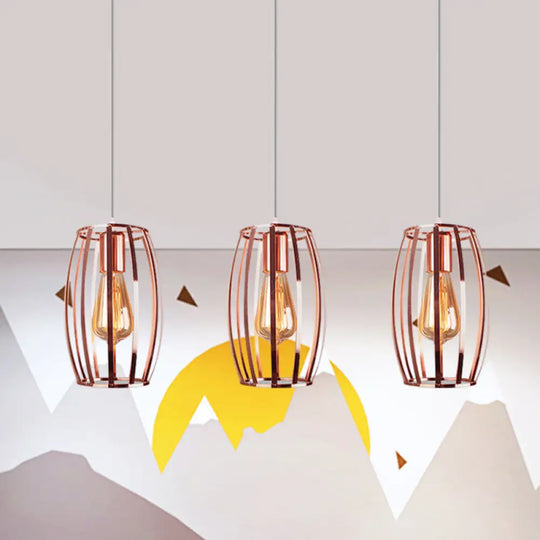 Iron Copper Hanging Lamp With Oval Cage Shade - Industrial Ceiling Fixture 3 Bulbs Stylish Lighting
