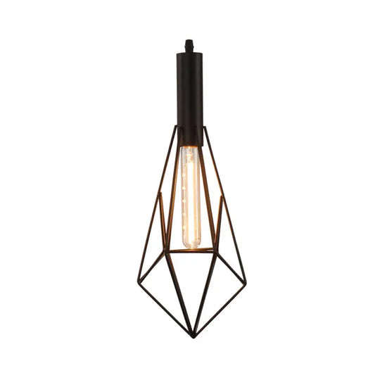Iron Diamond-Shaped Pendant Light Antique 1-Light Dining Room Hanging Fixture Black / B