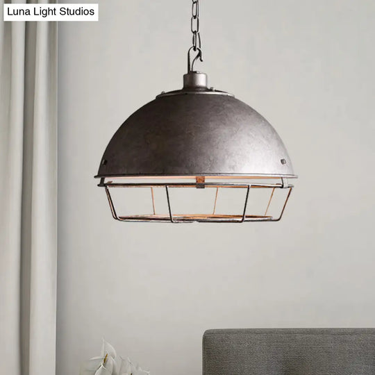Farmhouse Pendant Lamp With Iron Dome Black/Rust/Silver Finish - 1 Bulb Hanging Light Cage For