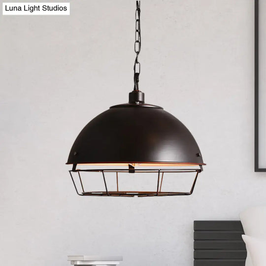 Farmhouse Pendant Lamp With Iron Dome Black/Rust/Silver Finish - 1 Bulb Hanging Light Cage For