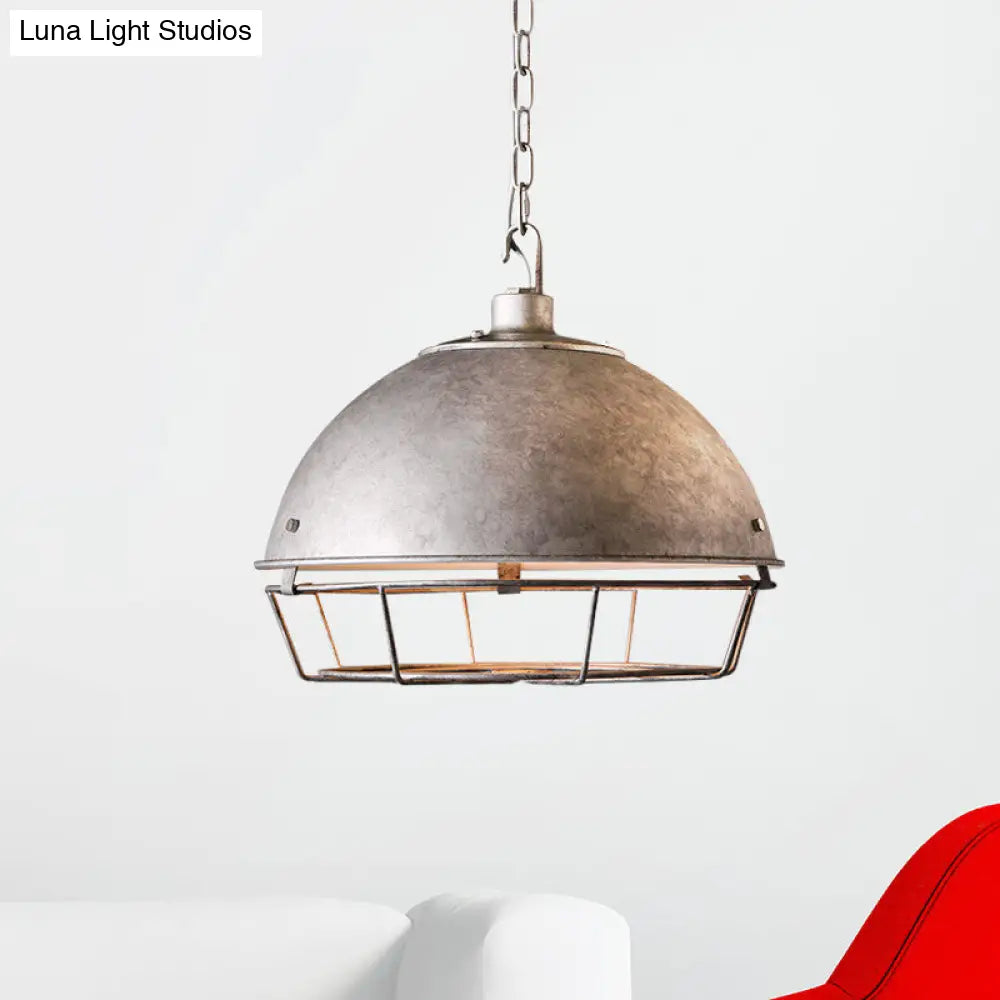 Farmhouse Pendant Lamp With Iron Dome Black/Rust/Silver Finish - 1 Bulb Hanging Light Cage For