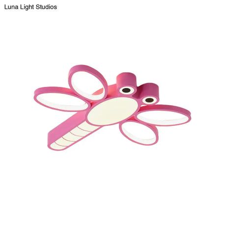 Iron Dragonfly Flush - Mount Cartoon Led Ceiling Light - Pink/Blue With Warm/White Lighting