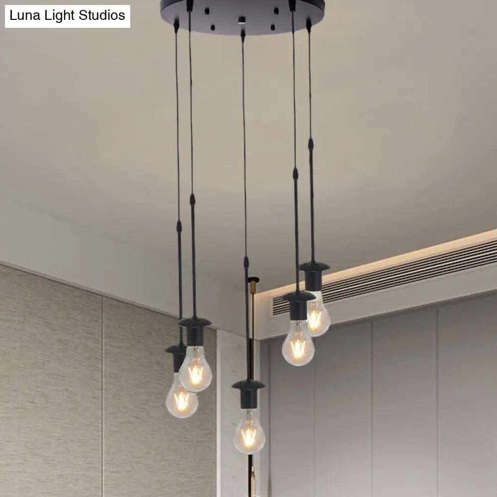 Iron Exposed Bulb Drapes Ceiling Light Loft Pendant Lighting - Black 5/10 Heads Bistro Multi