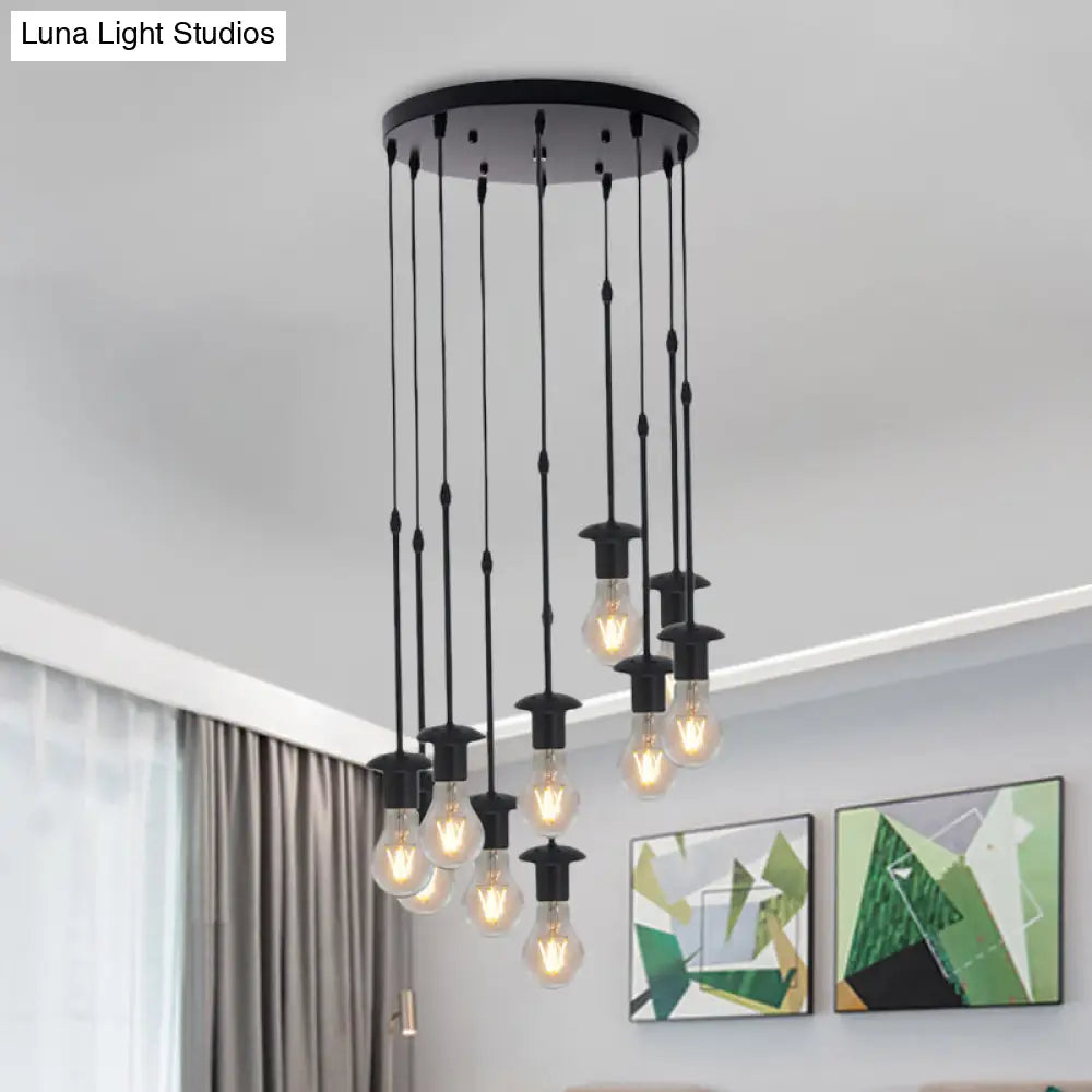Iron Exposed Bulb Drapes Ceiling Light Loft Pendant Lighting - Black 5/10 Heads Bistro Multi