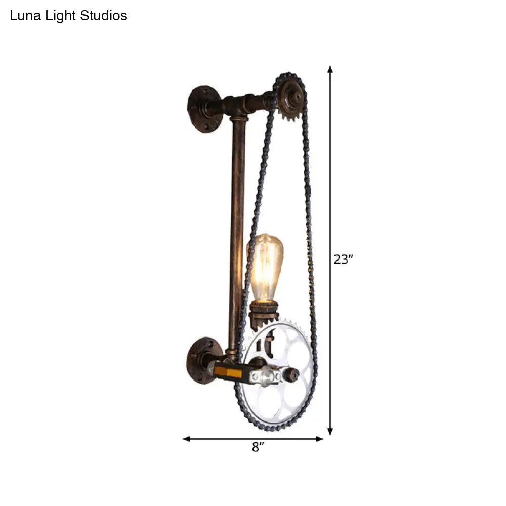 Iron Gear Bike Wall Lamp - 1 Light Restaurant Mounted In Bronze With Pipe Arm