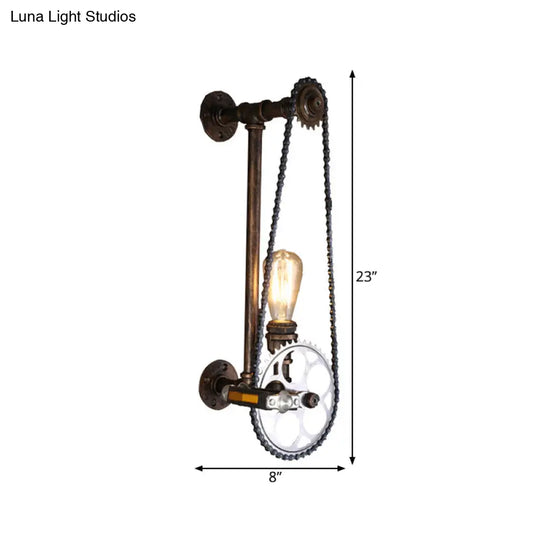Iron Gear Bike Wall Lamp - 1 Light Restaurant Mounted In Bronze With Pipe Arm