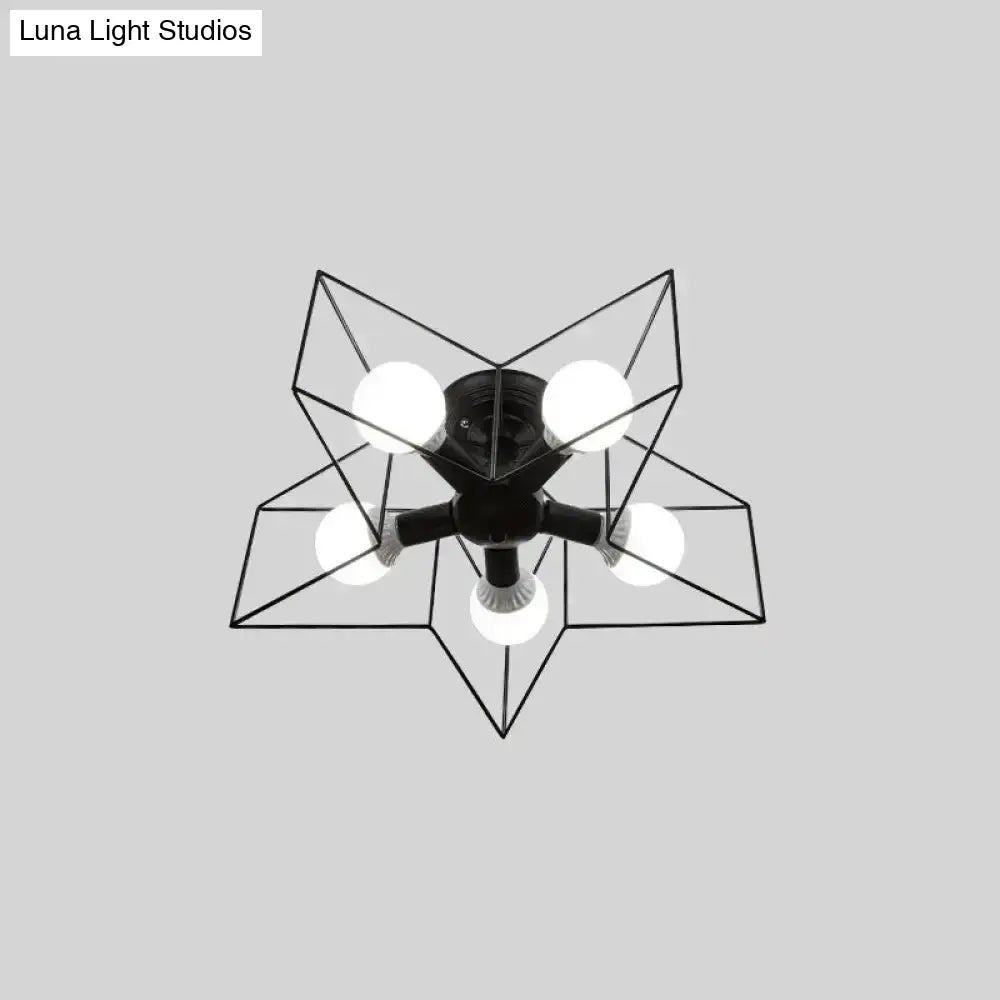 Iron Geometric Cage Flush Mount Lighting - Nordic Style 5-Head Fixture Black Ideal For Corridors