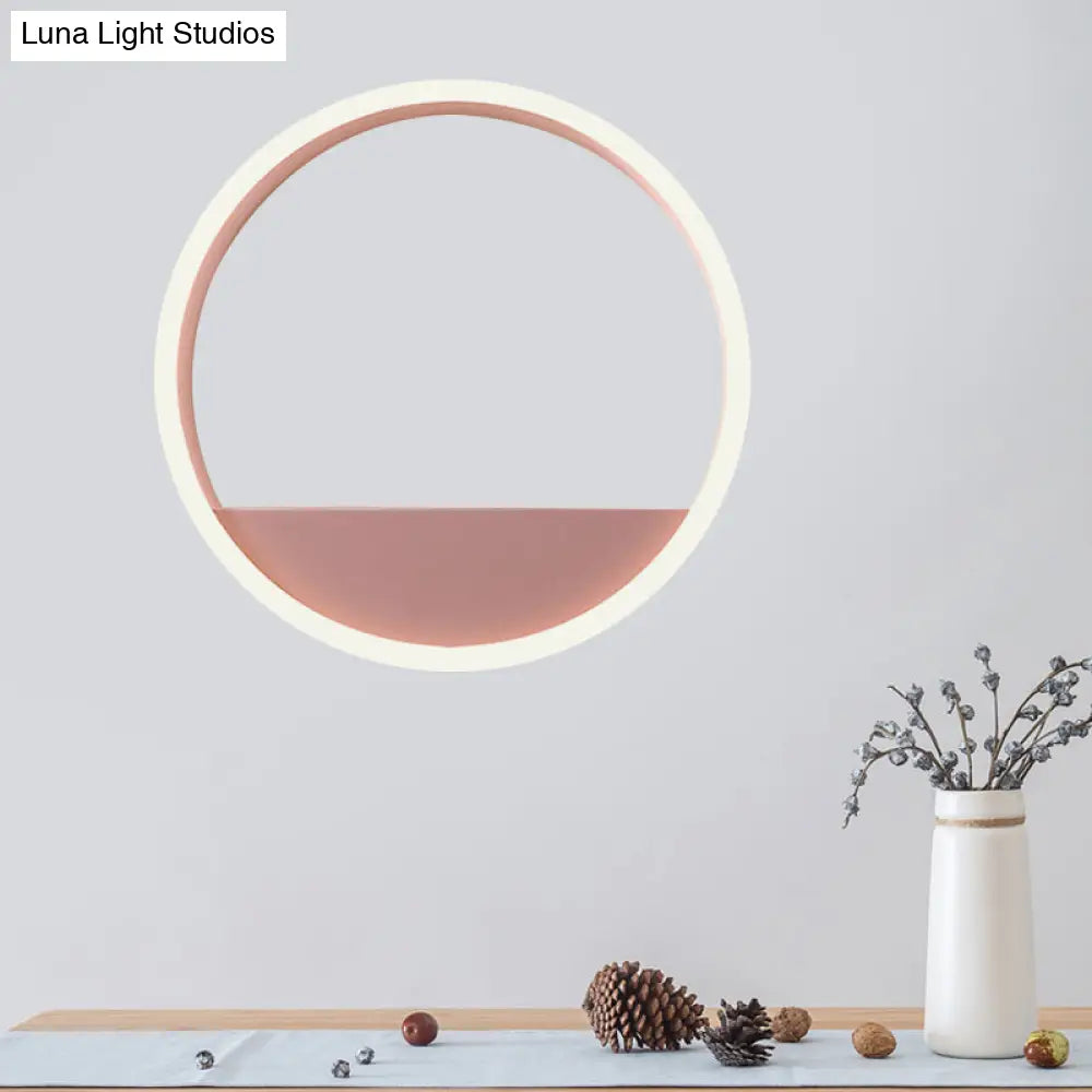 Iron Hoop Flush Mount Wall Light: Macaron Pink/Blue 12/16 Wide Led Sconce With Storage Rack