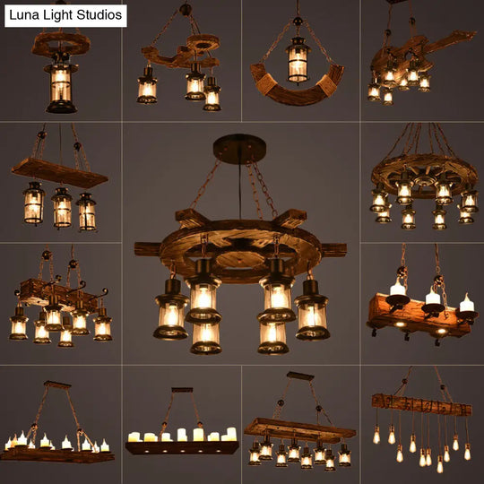 Antique Iron Lantern Chandelier For Commercial Restaurant Lighting With Wooden Pendant
