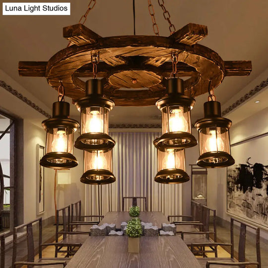 Antique Iron Lantern Chandelier For Commercial Restaurant Lighting With Wooden Pendant