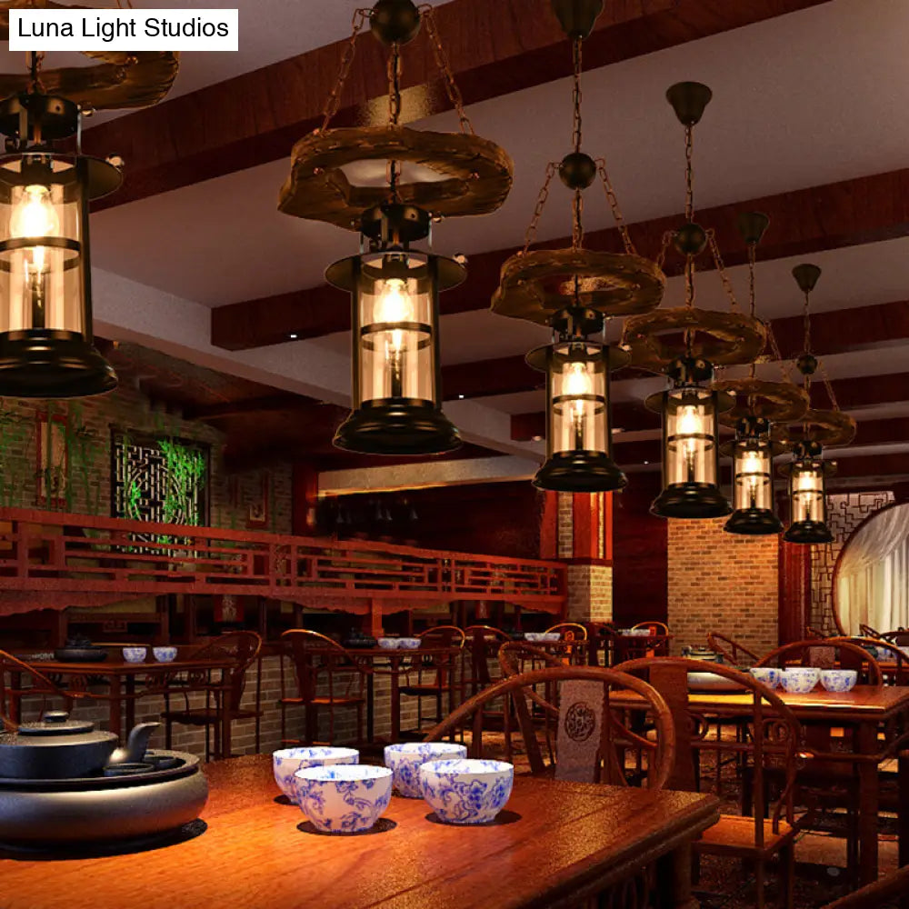 Antique Iron Lantern Chandelier For Commercial Restaurant Lighting With Wooden Pendant Wood / I