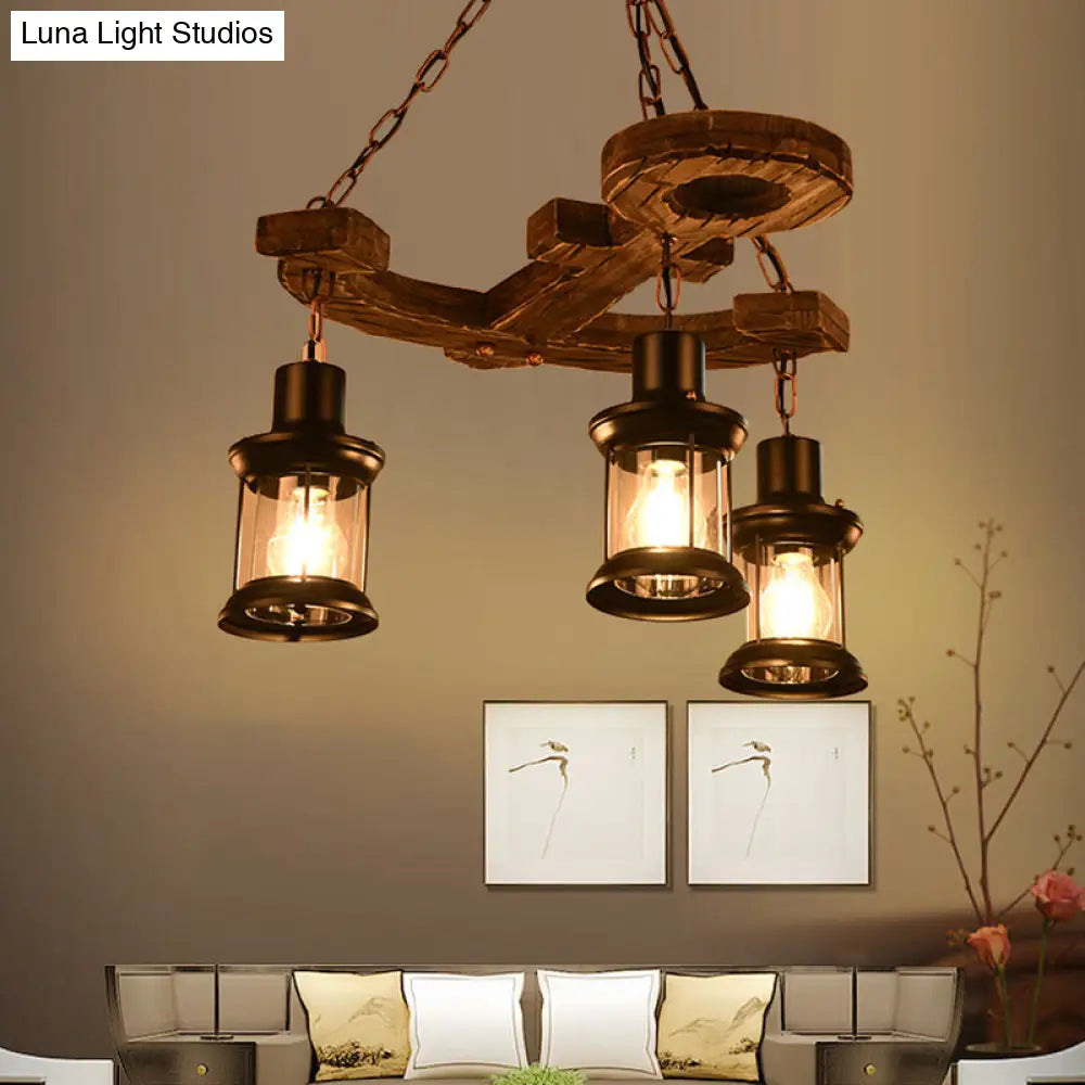 Antique Iron Lantern Chandelier For Commercial Restaurant Lighting With Wooden Pendant Wood / J