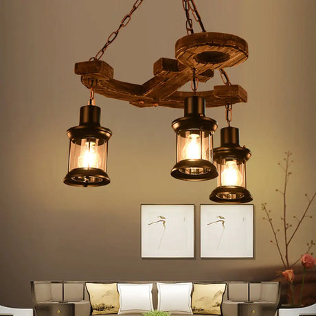Iron Lantern Chandelier Antique Pendant Lighting For Commercial Restaurants With Wooden Accents
