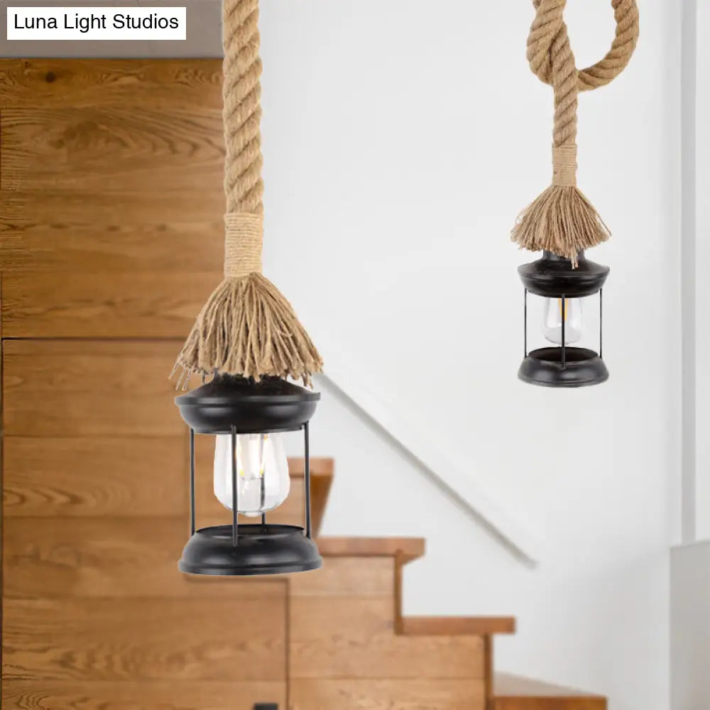 Adjustable Rope Iron Lantern Pendant Light - Lodge Style | Black