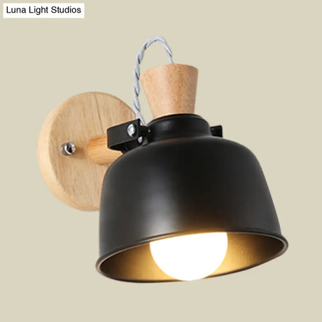 Iron Macaron Handle Wall Sconce Lamp - Bowl Bedside Light Fixture In Grey/Black With Wood Top