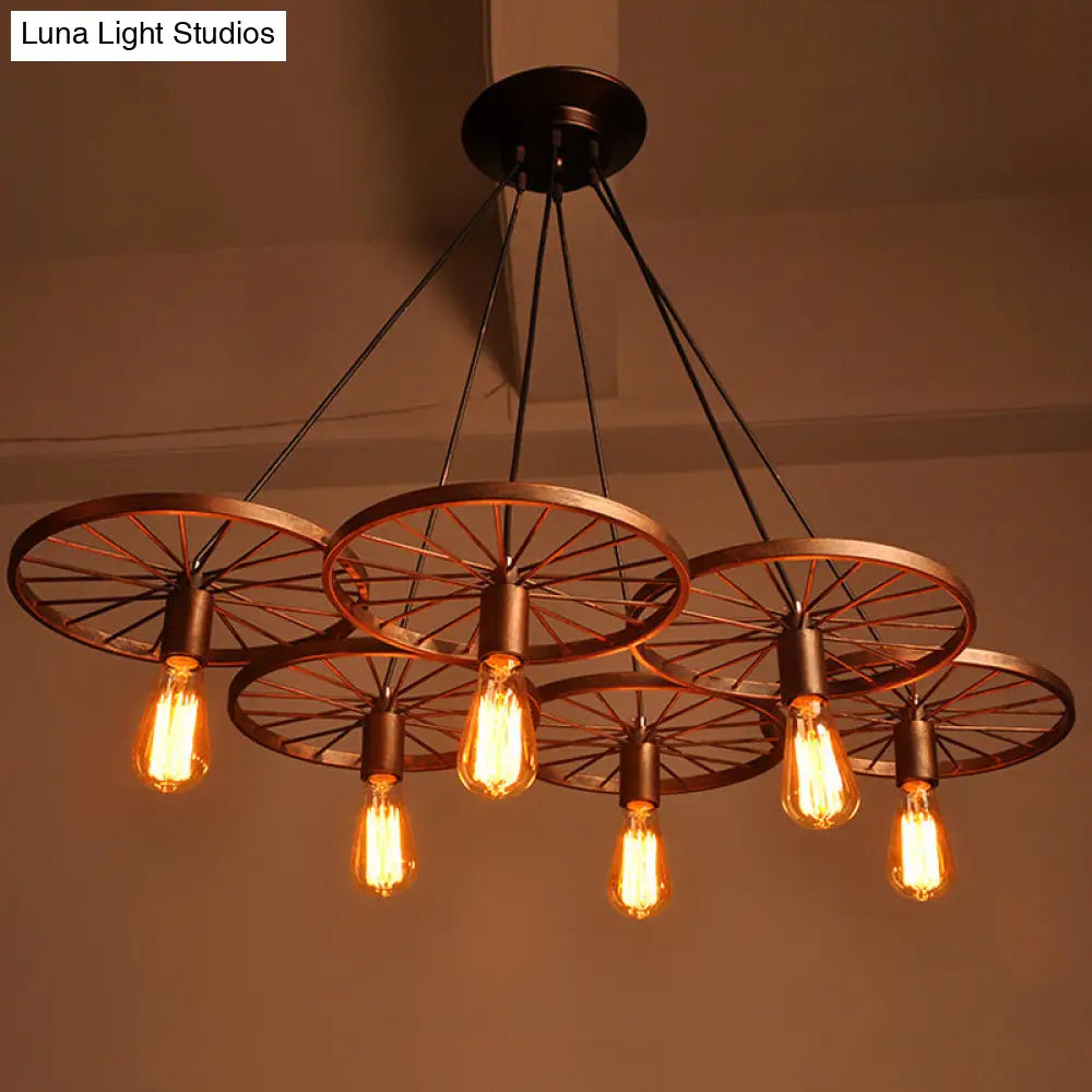 Industrial Rustic Wheel Chandelier - Wrought Iron 3/6-Head Suspension Pendant For Dining Room