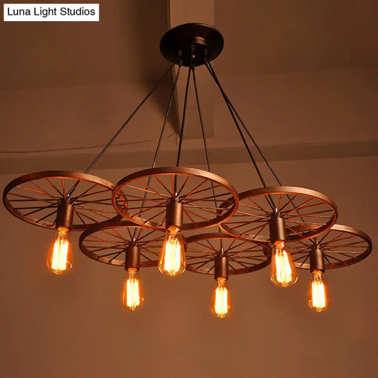 Industrial Rustic Wheel Chandelier - Wrought Iron 3/6-Head Suspension Pendant For Dining Room