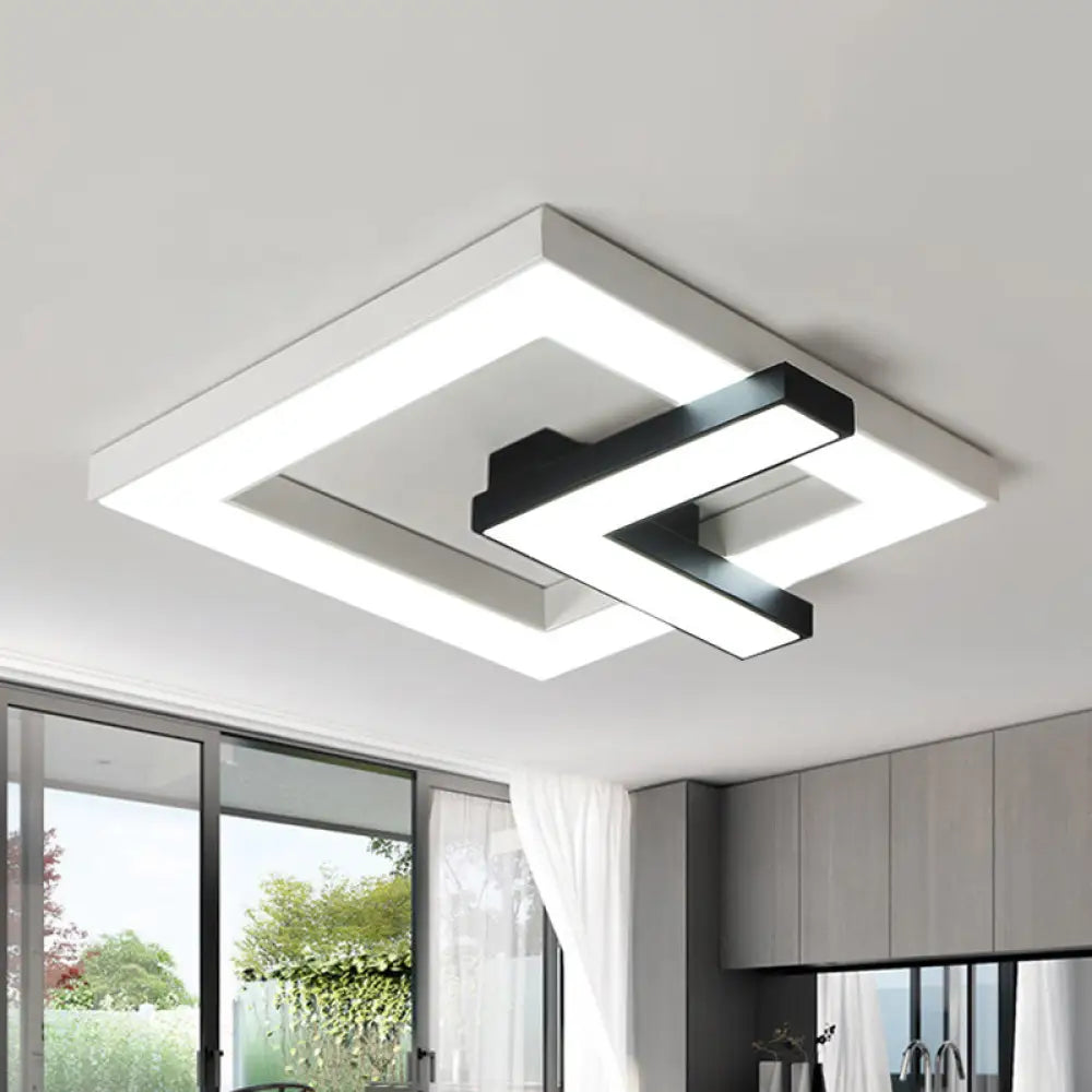 Iron Squared Led Ceiling Flush Mount With Black And White Clock Design White/Warm Light -
