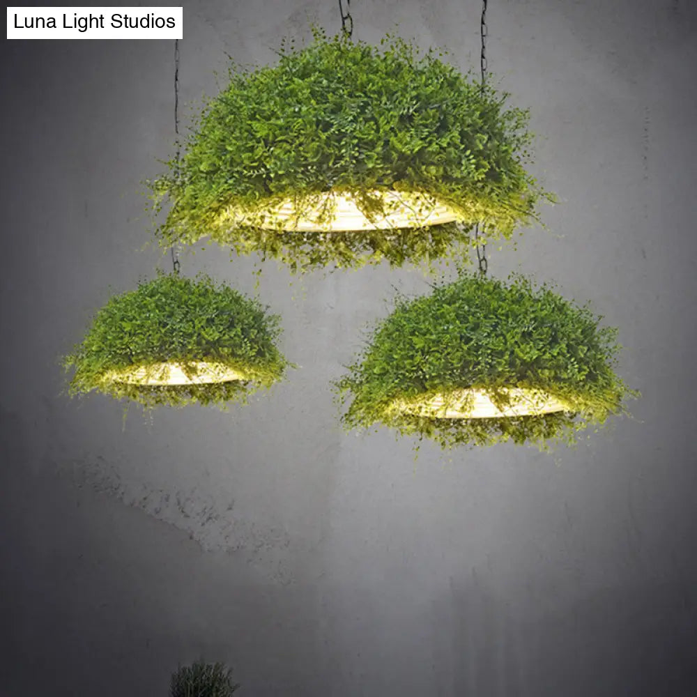 Iron Suspension Restaurant Pendant Light - Retro Green Dome Design With Plant Decor