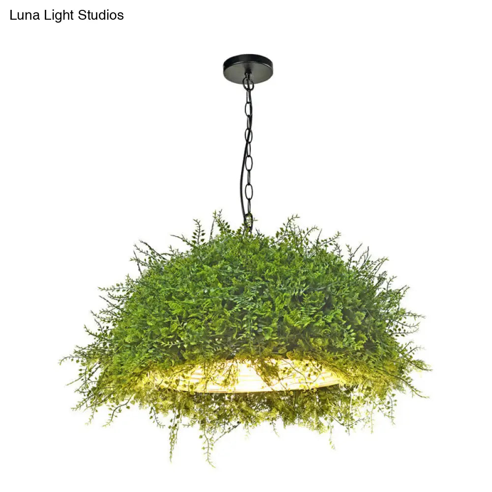 Retro Green Dome Pendant Light With Iron Suspension And Plant Decor For Restaurant Ceiling - 1 Bulb