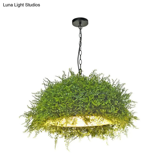 Retro Green Dome Pendant Light With Iron Suspension And Plant Decor For Restaurant Ceiling - 1 Bulb
