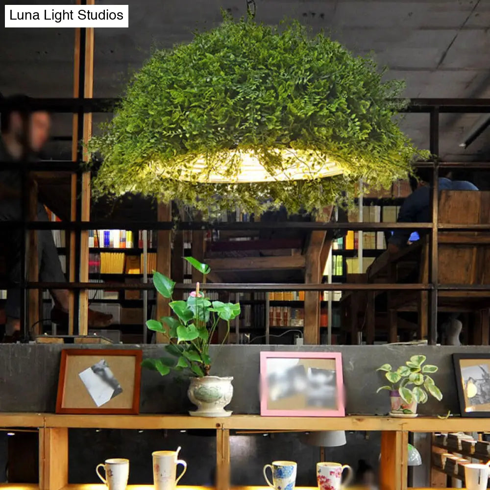 Retro Green Dome Pendant Light With Iron Suspension And Plant Decor For Restaurant Ceiling - 1 Bulb