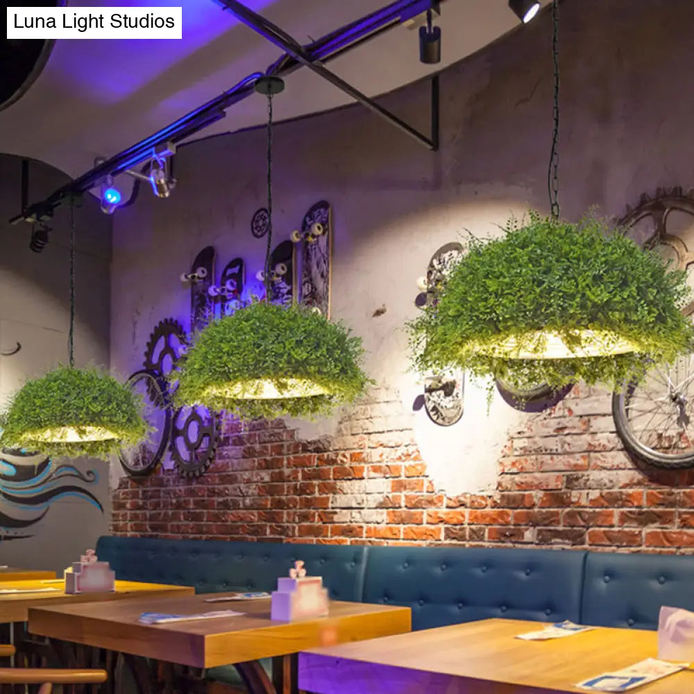 Iron Suspension Restaurant Pendant Light - Retro Green Dome Design With Plant Decor